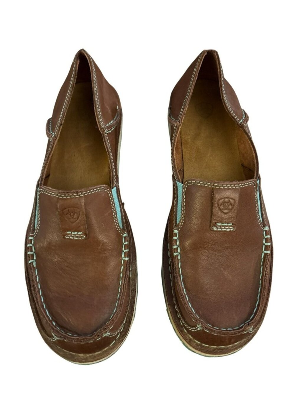 Ariat Cruiser Leather Slip-On Loafers Brown W/Aqua Stitching 10034090 US 10B
